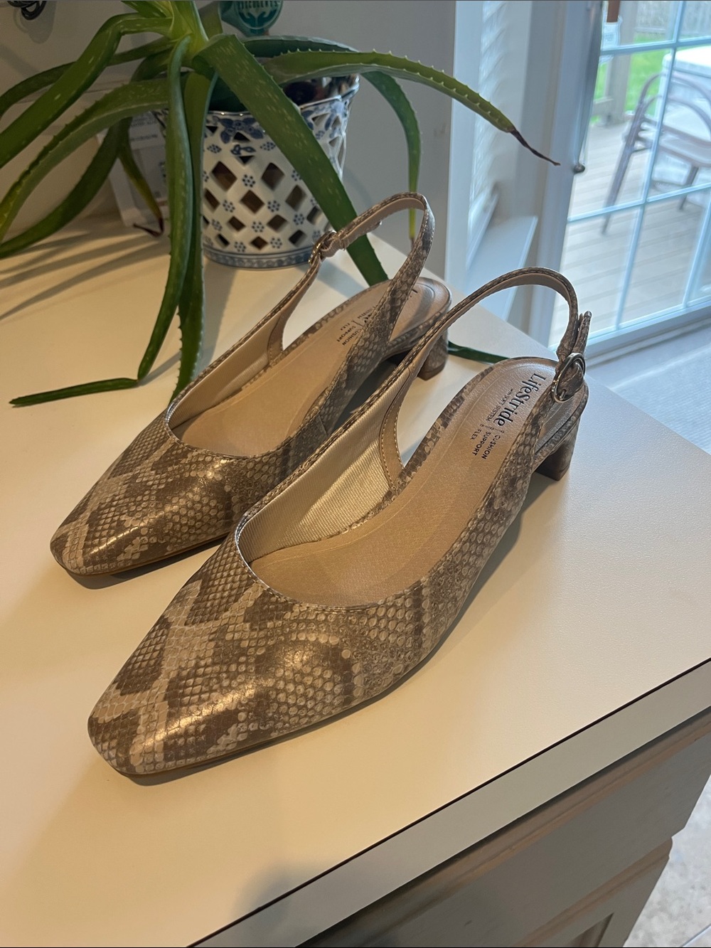 Naturalizer Taupe Snake-Print Slingback Mules